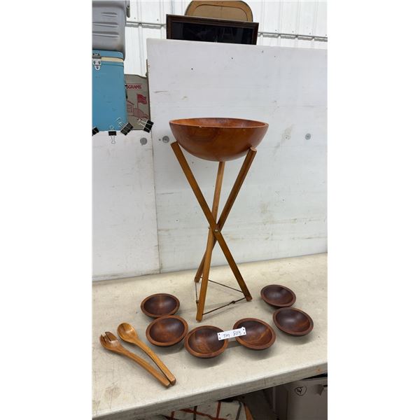 Mid-Century Modern Monkey Pod Wood Salad Bowl Set with Folding Tripod Stand and Utensils