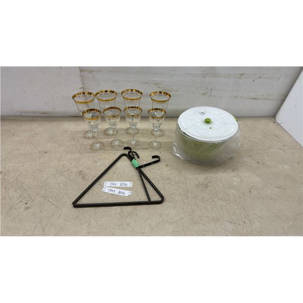 Dinner Triangle Bell, Set of 8 Gold-Rimmed Stemmed Wine Glasses, Manual Salad Spinner