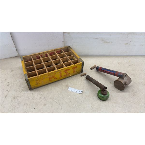 Vintage: KIST Wooden 24-Bottle Soda Crate and 2 Sprayers, one with Glass Bottle