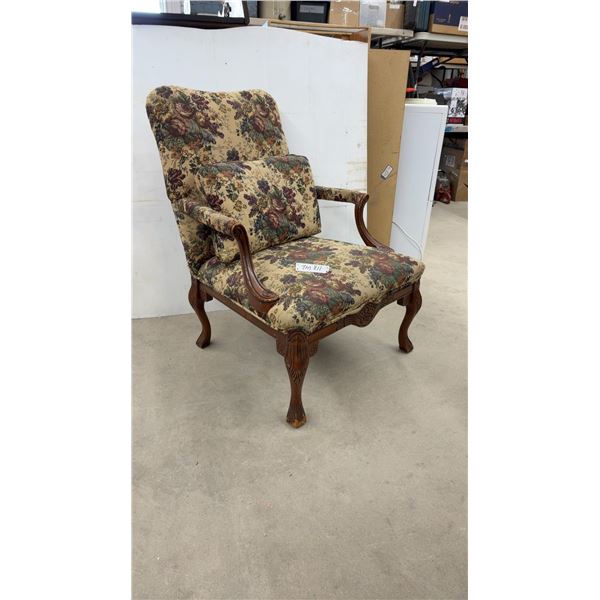 Queen Anne Revival Style Upholstered Armchair with Floral Tapestry and Carved Cabriole Legs