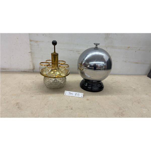 Vintage Brass and Glass Decanter with 6 Shot Glasses and Chrome Liquor Dispenser with Glasses
