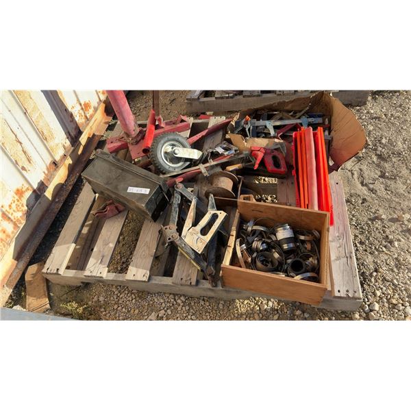 Pallet Lot: Clamps, Muffler Clamps, Casters, Emergency Triangles and Mire