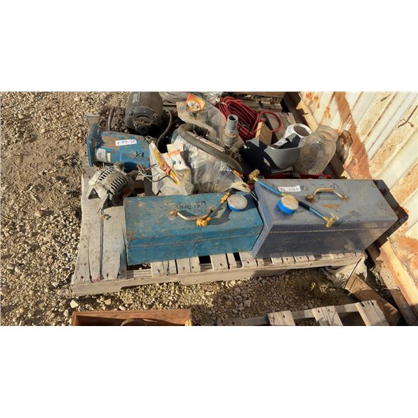 Pallet Lot: Gauges, Fasteners, Compressor Hose, Tool Boxes, Pumps, Motors
