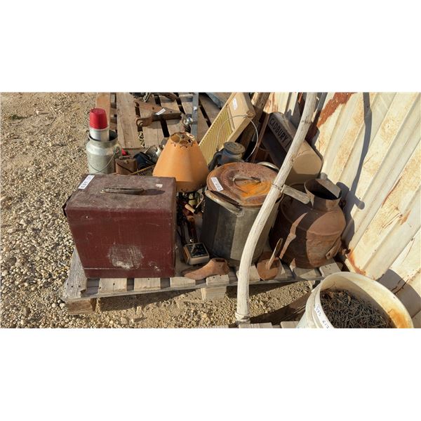 Pallet Lot: Lantern, Meat Grinder, Cadbury Display, Wash Tub Stand, Lamp