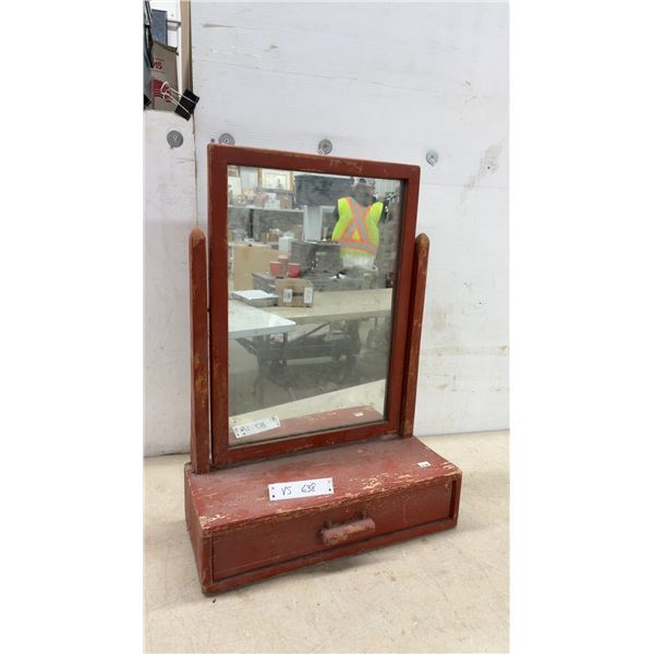 Vintage Wooden Tabletop Vanity Mirror with Pivoting Frame and Single Drawer, 27 × 8 × 19”