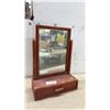 Image 1 : Vintage Wooden Tabletop Vanity Mirror with Pivoting Frame and Single Drawer, 27 × 8 × 19”
