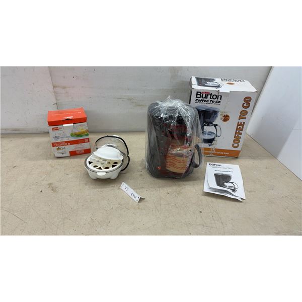 New Max Burton Coffee to Go 12V Coffee Maker and Dash Go Rapid Egg Cooker- Needs Cleaning