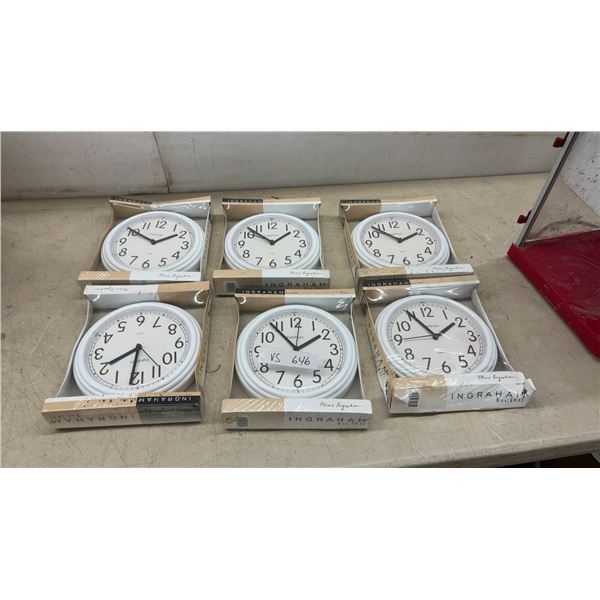 Six Ingraham Quartz White Round Wall Clocks with Black Arabic Numerals, New Old Stock