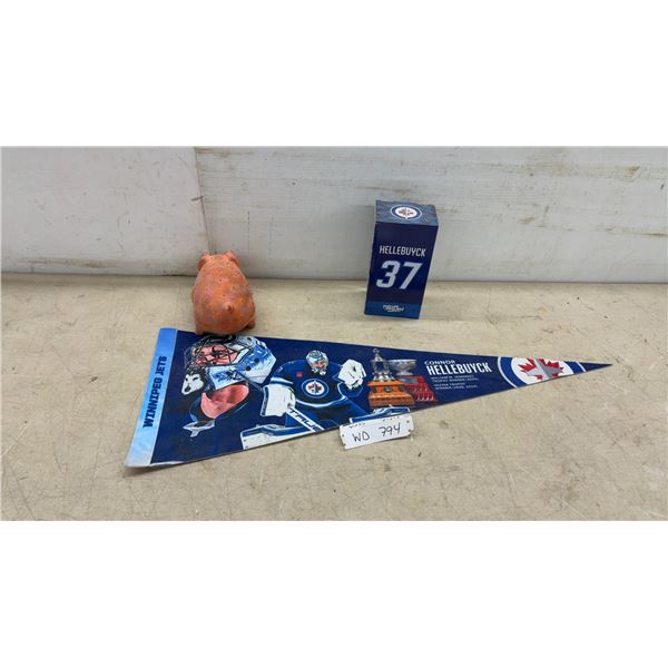Winnipeg Jets Connor Hellebuyck #37 Bobblehead, Commemorative Pennant and Pig Figurine