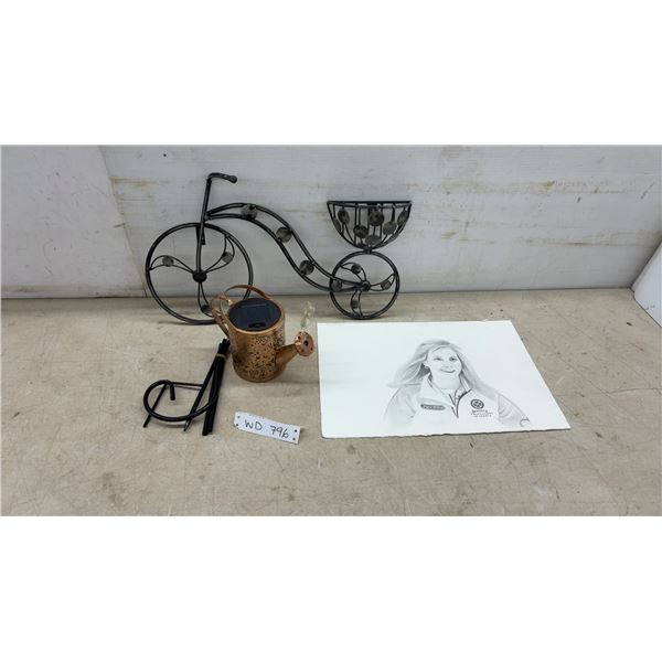 Pencil Portrait 11 × 15” Metal Bicycle Plant Stand, Solar Watering Can