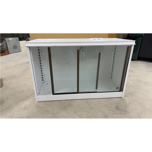 White Metal Countertop Display Cabinet with Sliding Glass Doors and Adjustable Shelf Brackets