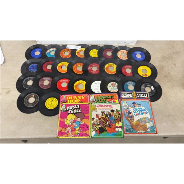 Collection of 45 RPM Vinyl Records Including Some Kids Records
