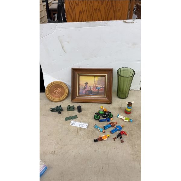 Vintage Fisher-Price Adventure People Figures and Motorcycle, Framed Art -12” x 10” and Green Vase