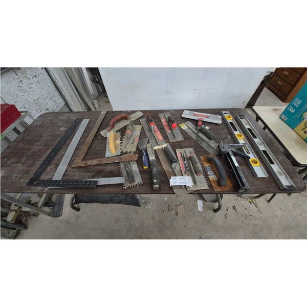 Assorted Trowels, Levels, and Hand Tools Incl. Stanley Level, Task Trowels