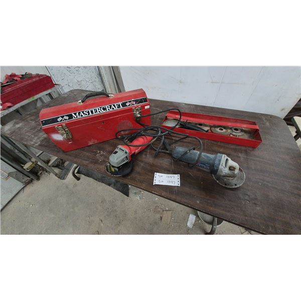 Mastercraft Tool Box, Milwaukee Angle Grinder, and Black and Decker Angle Grinder with Discs