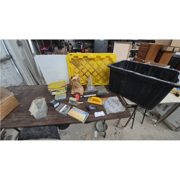 Assorted Hardware and Tools: Construction Screws, Sanding Block, Chalk Line, and More. Storage tote