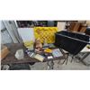 Image 1 : Assorted Hardware and Tools: Construction Screws, Sanding Block, Chalk Line, and More. Storage tote
