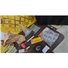 Image 2 : Assorted Hardware and Tools: Construction Screws, Sanding Block, Chalk Line, and More. Storage tote