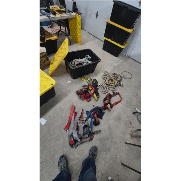 Assorted Safety Harnesses, Ropes, and Storage Bins