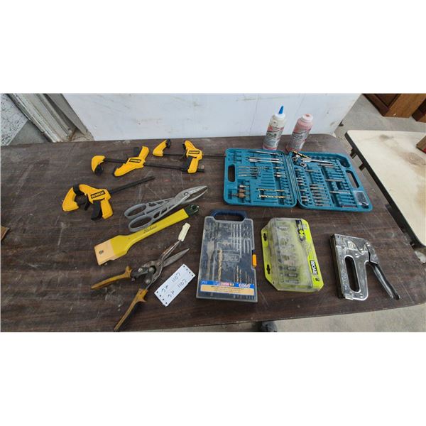 Dewalt and Ryobi Clamps, Richard Scraper, Snips, Heavy Duty Stapler and power tools