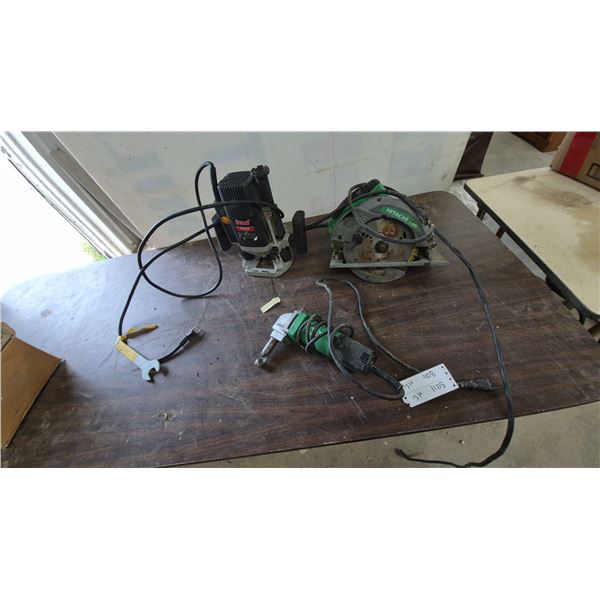 Freud FT2000E Router, Hitachi C7SB2 Circular Saw, and Hitachi Sheet Metal Nibbler
