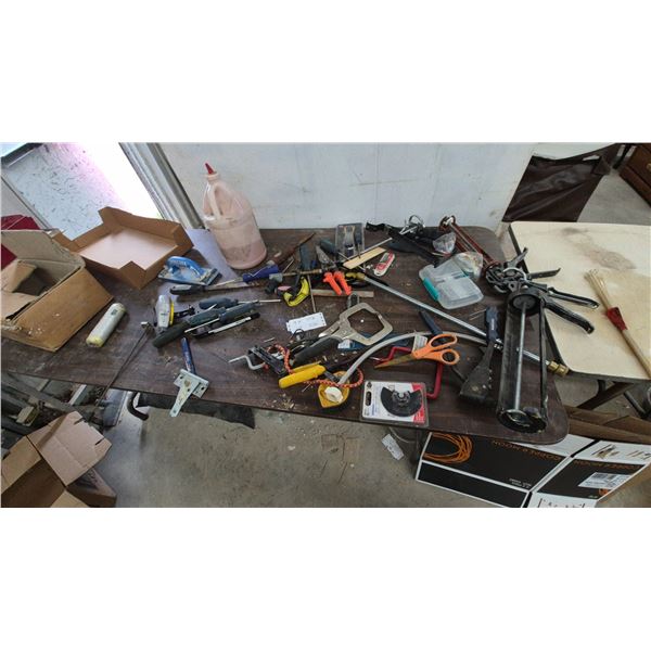Assorted Hand Tools and Supplies Incl. Caulk Guns, Pliers, Screwdrivers, Clamps