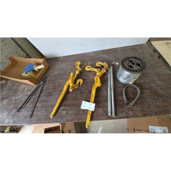 Two Yellow Chain Binders, Spool of Wire, Two Metal Jack Pole Handles