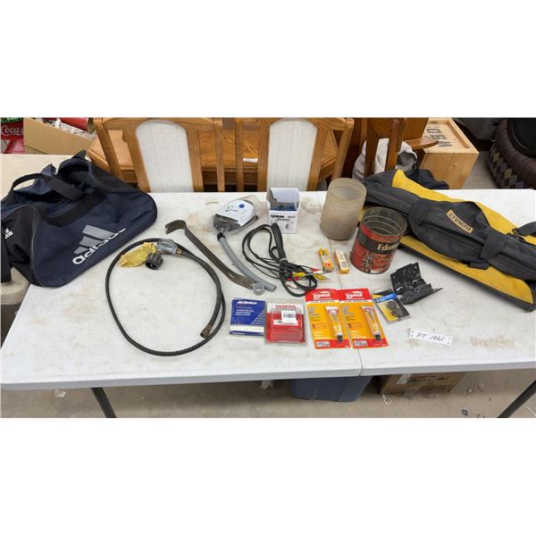 Adidas and Dewalt Bag, Spark Plugs, Wood Filler, Nails, V Belt