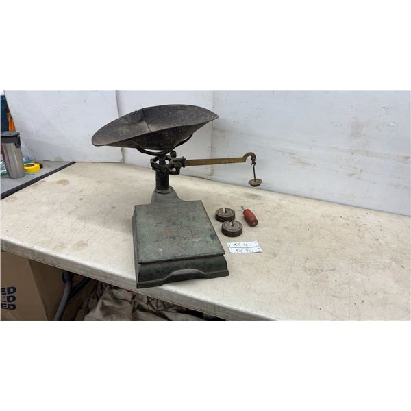 Antique T. Eaton Co. Toronto Cast Iron Balance Scale With Brass Beam, 240 Lbs, and Weights
