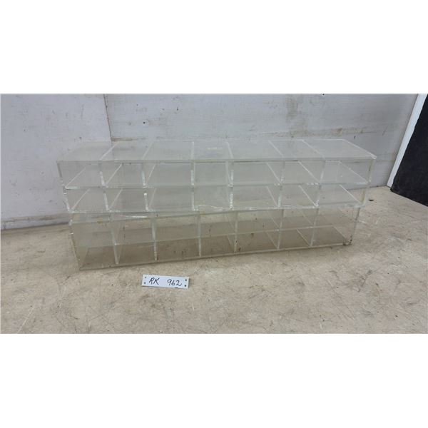Two Stackable Clear Plexiglass 14 Pigeon Hole Compartment Storage Units, 5 × 29 × 7 1/4”
