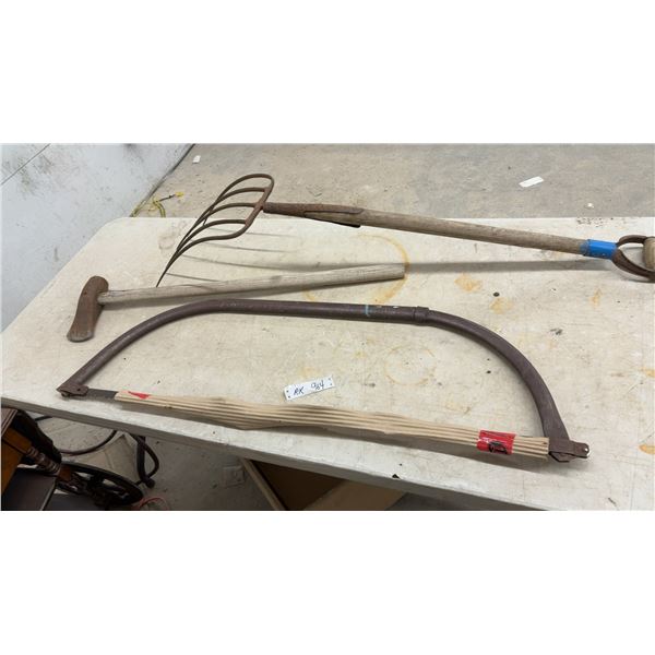 Antique Five-Tined Manure Fork, Splitting Maul, and Bow Saw