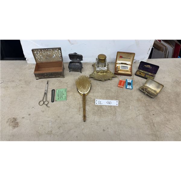 Vintage Lot: Hair Brush, Gillette Gold-Tone Safety Razor Set, Extra Razor Blades
