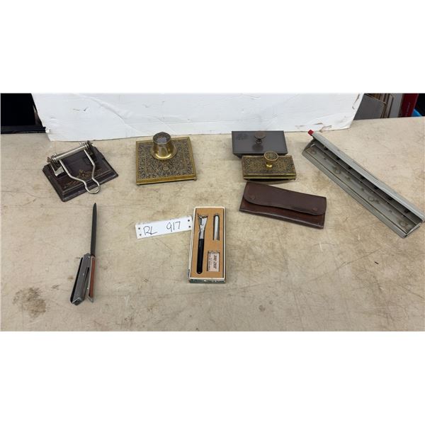 Vintage Desk Accessories Lot: Brass Inkwells, Hole Punch, Letter Opener