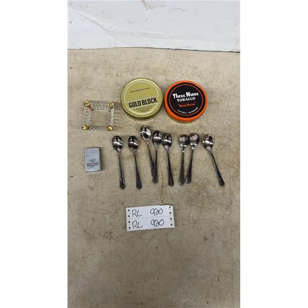 Luke's Porter-Cable Zippo Lighter, Gold Block and Three Nuns Tobacco Tins, Spoons