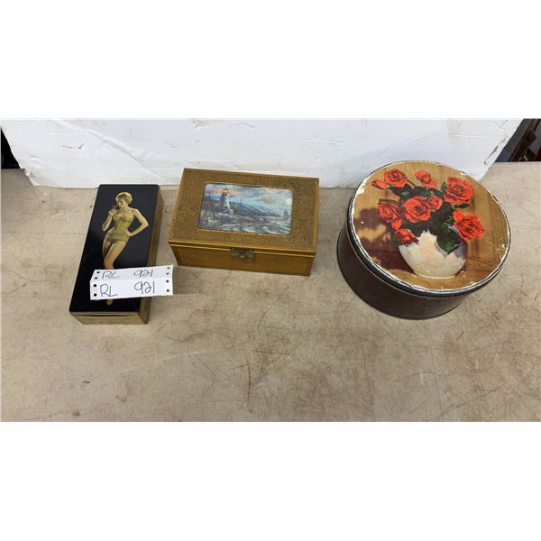Vintage Thorne's Premier Toffee Tin, Lighthouse Jewelry Box, and Red Rose Tea Tin