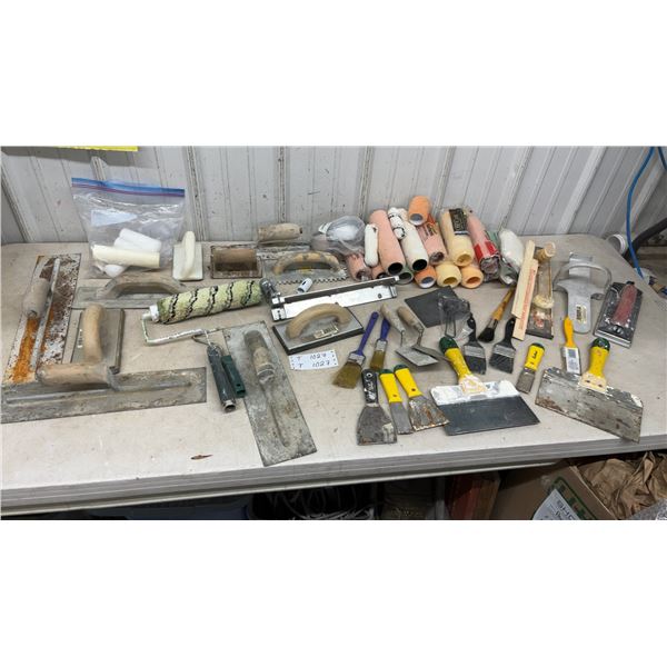 Assorted Paint and Masonry Tools: Trowels, Paint Rollers, Brushes, Scrapers