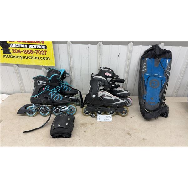 Two Pairs of Rollerblades, Rave CAW US 8.5 and Unbranded US 10, Knee Pads, and Mesh Bag Swimming
