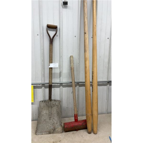 Shovel, Red Mallet, and 2 Wood Handles