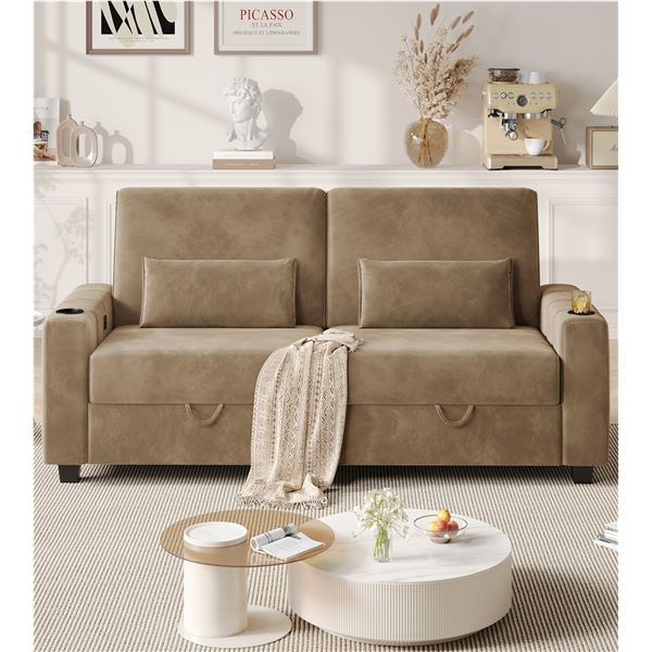 Tan Loveseat Sofa, Larger Couch Velvet Fabric with Storage, Charging Ports, Heightened Backrests, Re
