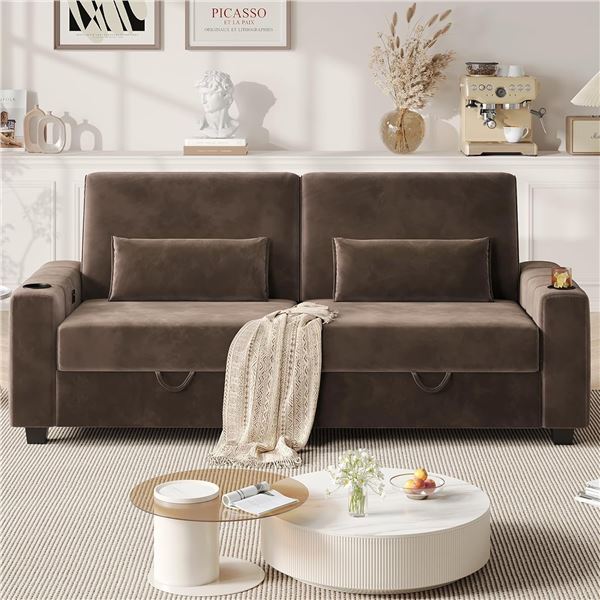 Brown Loveseat Sofa, Larger Couch Velvet Fabric with Storage, Charging Ports, Heightened Backrests, 