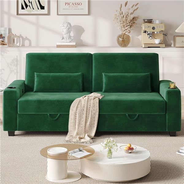 Green Loveseat Sofa, Larger Couch Velvet Fabric with Storage, Charging Ports, Heightened Backrests, 