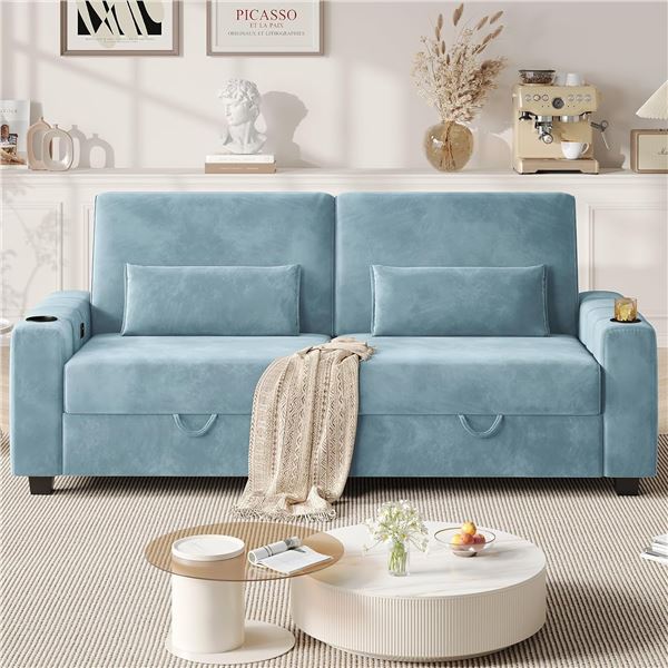 Light Blue Loveseat Sofa, Larger Couch Velvet Fabric with Storage, Charging Ports, Heightened Backre