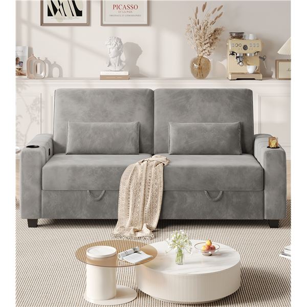 Light Gray Loveseat Sofa, Larger Couch Velvet Fabric with Storage, Charging Ports, Heightened Backre