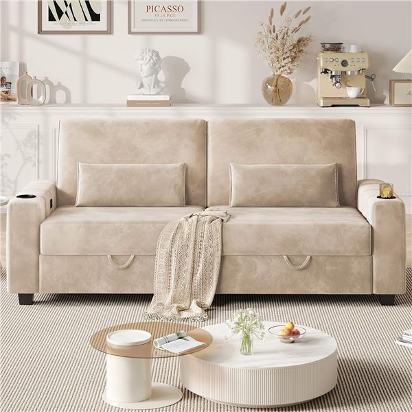 Tan Love seat Sofa, Larger Couch Velvet Fabric with Storage, Charging Ports, Heightened Backrests,
