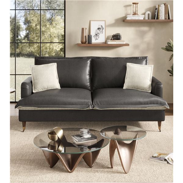 Black COPIAE 84 Inch Roll Arm Loveseat Sofa Reversible Faux Leather Upholstered Couch with Deep Seat