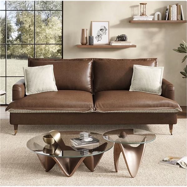 Brown COPIAE 84 Inch Roll Arm Loveseat Sofa Reversible Faux Leather Upholstered Couch with Deep Seat