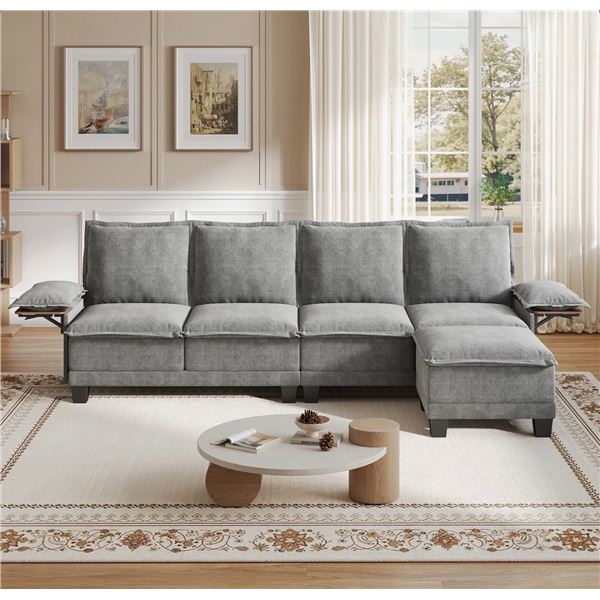 Grey Comfy Cloud Couch Large Sofa for Living Room w/ Ottoman