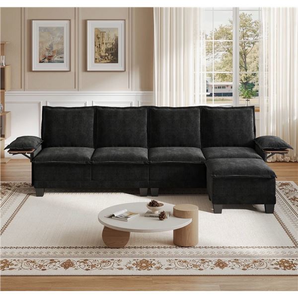 Black Comfy Cloud Couch Large Sofa for Living Room w/ Ottoman