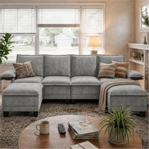 Gray Comfy Cloud Couch Large Sofa for Living Room w/ 2 Ottomans