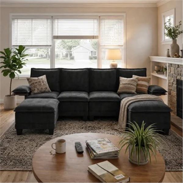 BlackComfy Cloud Couch Large Sofa for Living Room w/ 2 Ottomans
